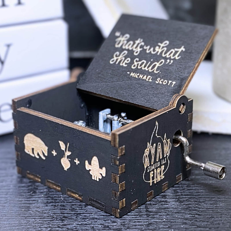 Load image into Gallery viewer, The Office Music Box Tv Show Dunder Mifflin Michael Scott Dwight Manual Crank Wood Custom Funny Unique Keepsake Gift Idea Bears Beets V.1
