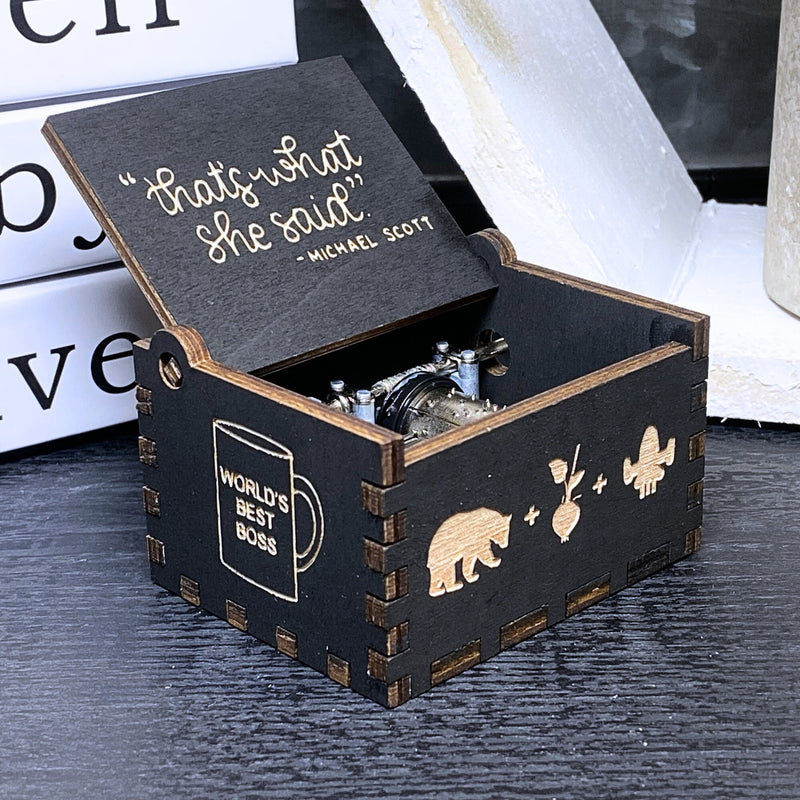 Load image into Gallery viewer, The Office Music Box Tv Show Dunder Mifflin Michael Scott Dwight Manual Crank Wood Custom Funny Unique Keepsake Gift Idea Bears Beets V.1
