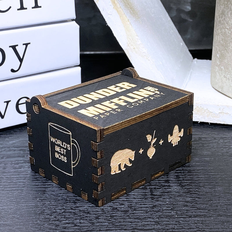 Load image into Gallery viewer, The Office Music Box Tv Show Dunder Mifflin Michael Scott Dwight Manual Crank Wood Custom Funny Unique Keepsake Gift Idea Bears Beets V.1
