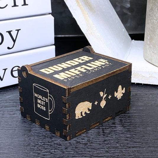 The Office Music Box Tv Show Dunder Mifflin Michael Scott Dwight Manual Crank Wood Custom Funny Unique Keepsake Gift Idea Bears Beets V.1