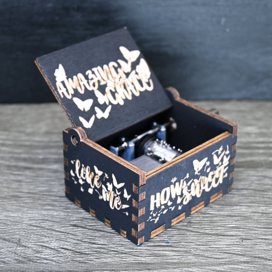 AMAZING GRACE Music Box Manual Crank Black Wooden Engrave Custom Personalize Unique Keepsake Gift Idea Birthday Anniversary Handmade