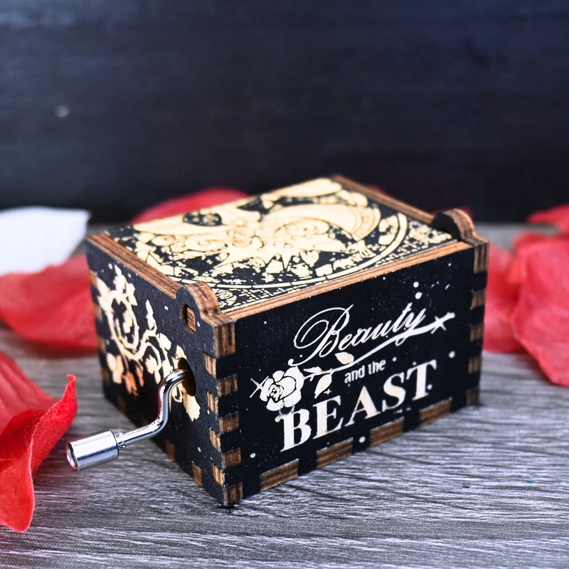 Load image into Gallery viewer, Beauty and the Beast Music Box Manual Crank Wood Custom Personal Engagement Wedding Anniversary Song Tale as Old As Time THE ENCHANTRESS
