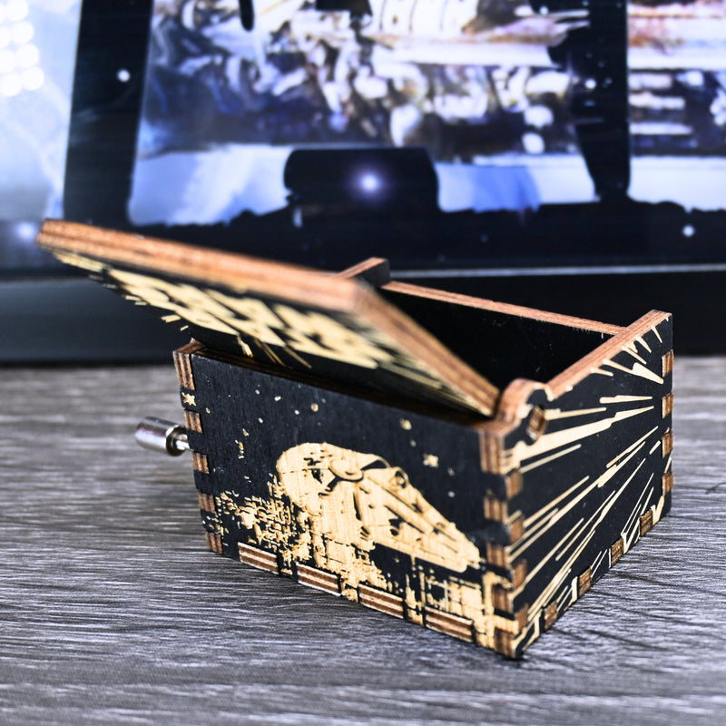 Load image into Gallery viewer, Star Wars Music Box Manual Crank Wooden Gift Birthday Wedding Anniversary May the Force be with You LIGHTSPEED Millenium Falcon Vader At-At
