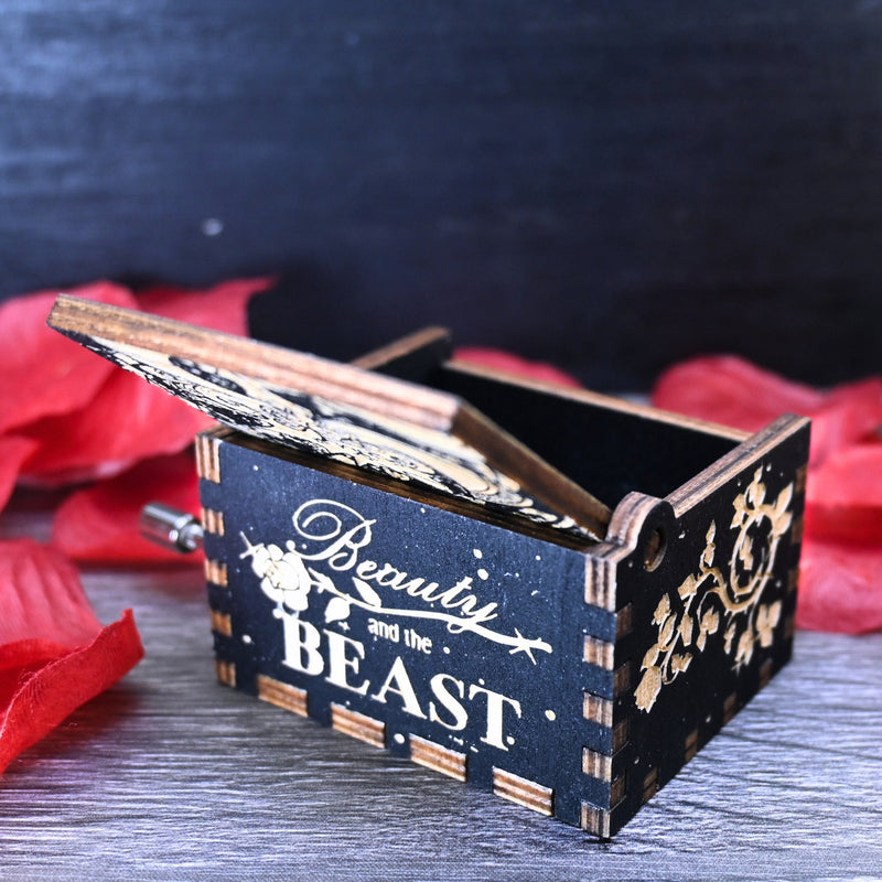 Load image into Gallery viewer, Beauty and the Beast Music Box Manual Crank Wood Custom Personal Engagement Wedding Anniversary Song Tale as Old As Time THE ENCHANTRESS
