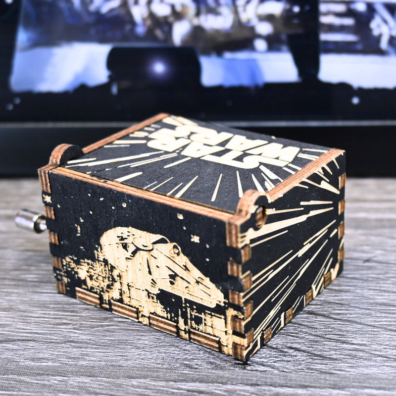 Load image into Gallery viewer, Star Wars Music Box Manual Crank Wooden Gift Birthday Wedding Anniversary May the Force be with You LIGHTSPEED Millenium Falcon Vader At-At
